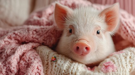 Cute piglet snuggled in a cozy blanket looking adorable at home