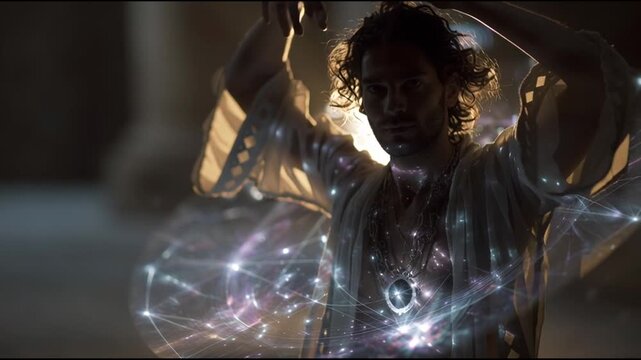 A young man conducting a Soul Realignment - Sound ceremony surrounded by colourful light and sacred geometry figures ar 16_9 V 6