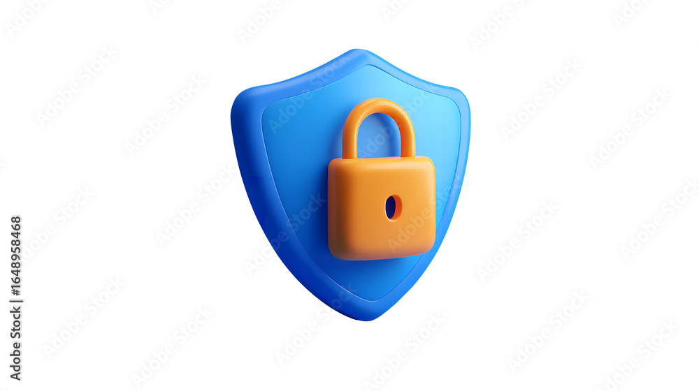 Poster security shield with orange lock symbol, modern 3d rendering on transparent background