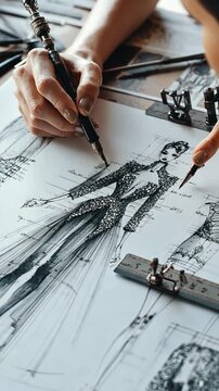 Vertical angle showing designer's hands sketching elegant outfit designs with detailed lines.