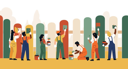 Diverse Team Painting a Wooden Fence Together, Home Improvement Project