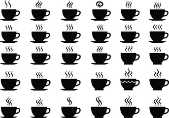 A set of coffee cup and tea cup silhouettes, with various designs and steam patterns, illustrating hot beverages, vector icons.