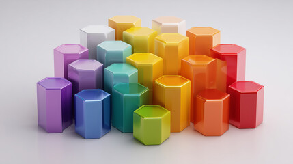 Colorful hexagonal columns as glossy pedestal for product display, 3d chart mockup