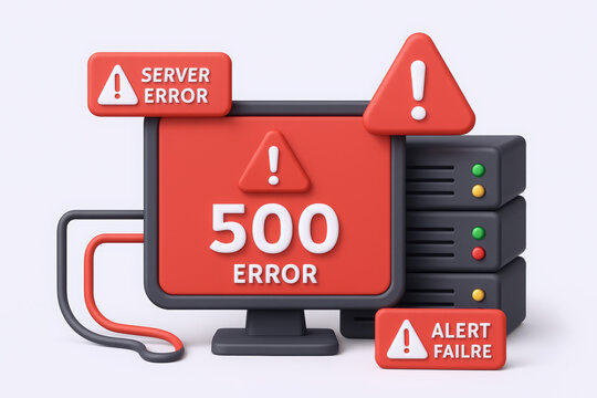 Stylized illustration of a computer display showing a 500 error with server alerts, emphasizing tech issues.