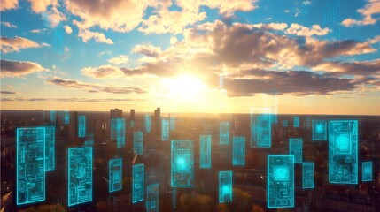 A futuristic smart city skyline at sunset, connected buildings with digital data overlays, ultra-realistic