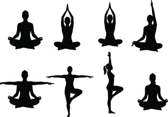  A collection of female silhouettes in various yoga poses, demonstrating relaxation, balance, and mindfulness for exercise and wellness.