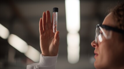 Biotech researcher holding a vial of newly developed medicine, clean laboratory, realistic lighting