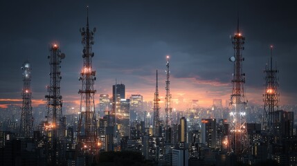 City skyline featuring high-tech communication towers and wireless networks, realistic lighting