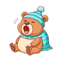 Tired Cartoon Bear Yawning Vector: Sleepy Animal in Winter Hat and Scarf