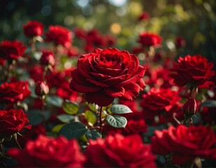 A romantic bouquet of beautiful red roses in a garden, capturing the essence of love and nature