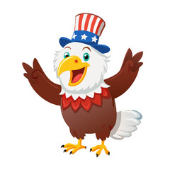 Happy Cartoon Bald Eagle Mascot in American Uncle Sam Hat Vector