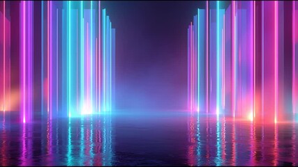 Close-up of tall vertical fluorescent bars evenly spaced in a dark room glowing with purple and blue neon light soft glow on the floor photorealistic sci-fi lighting photography cool neon tones - Powered by Adobe