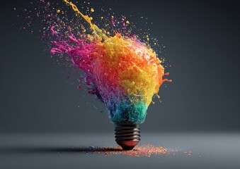 Exploding lightbulb with vibrant color splashes