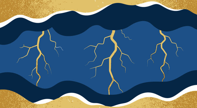 Dramatic Golden Lightnings Strikes Shining Above Dark Waves Blue Background