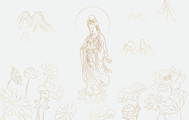 Guanyin Bodhisattva design with lotus and mountain background