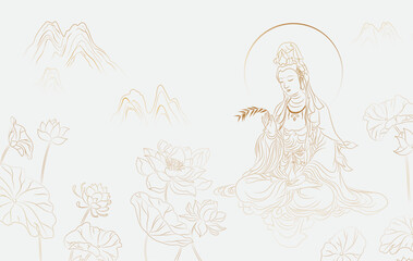 Guanyin Bodhisattva design with traditional Asian motifs