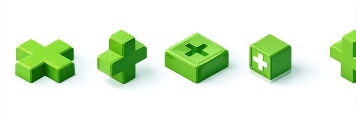 Isometric green plus symbols on a white background