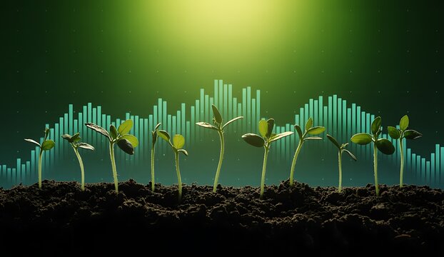 Young plants growing in soil with a financial stock market graph in the background