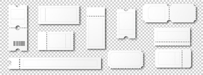 Blank tickets for cinema, concert, or festival. Vector coupon templates for shop discounts, entry passes, or event access. Clean white paper ticket set.