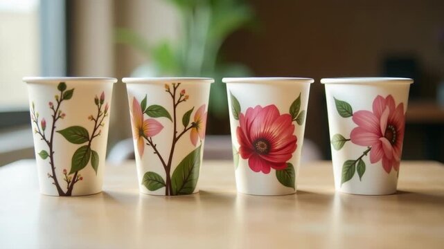 A row of four cups filled with fresh flowers