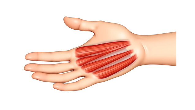 Anatomy & Physiology A close-up of thenar and hypothenar muscle groups of the palm, isolated on white, used for hand surgery, therapy, and functional analysis