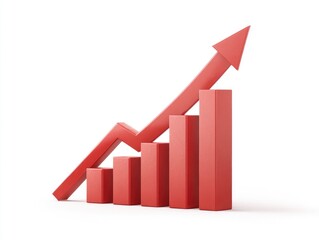 Red bar graph with an upward trend arrow, showing growth