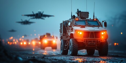 military war concept. Military vehicles and aircraft in a dramatic setting.