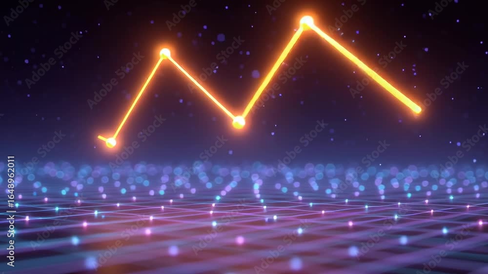Aufkleber illustration shows upward trending line chart with glowing points. digital grid serves as background