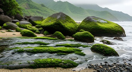 Mossy rocks and waves on a tropical beach with mountains in the background