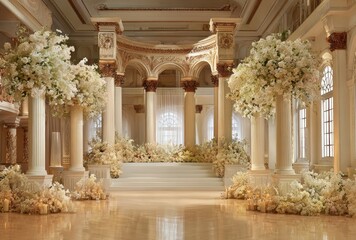 Naklejka premium An elegant interior showcases a grand architectural design with ornate columns and floral arrangements, creating a sophisticated and visually appealing ambiance for events.