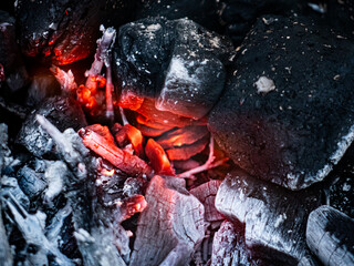 Wood grill fire with glowing red embers and burning logs. Flames dance around the wood, radiating...