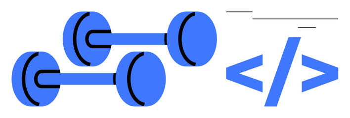 Two blue dumbbells paired with programming code brackets. Ideal for fitness tech, health apps, gym coding, wellness ideas, strength and development apps, sports digital concepts, simple flat metaphor