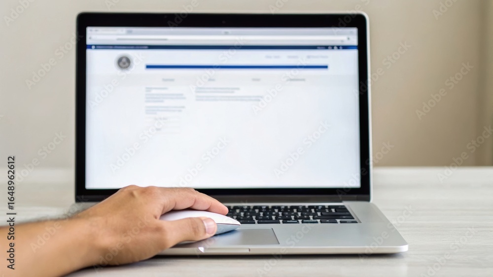 Poster a hand using a mouse on a laptop, displaying a web browser with a blank page, on a light-colored woo
