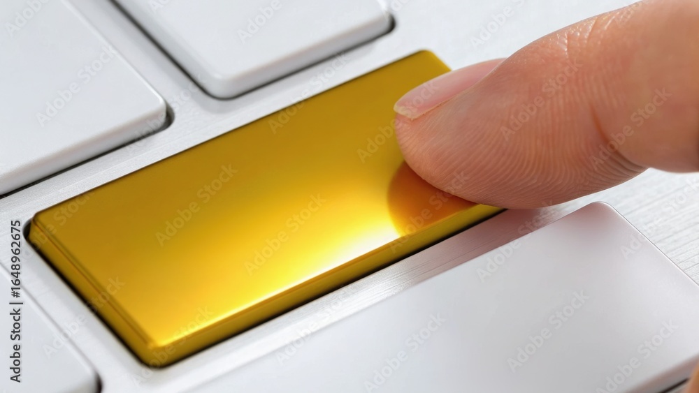 Poster a close-up of a finger pressing a shiny golden key on a keyboard, highlighting technology and modern