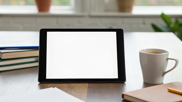 A tablet on a wooden table beside a cup of coffee, surrounded by notebooks and books, creating a cozy workspace ambiance.