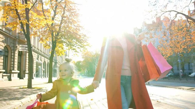 positive fashionable stylish woman and daughter with shopping bags walking in autumn city, - Powered by Adobe