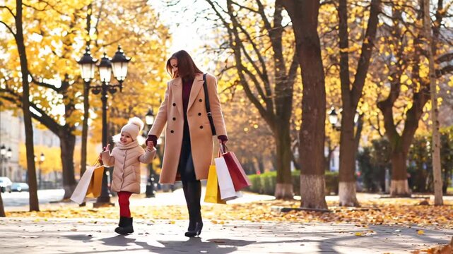 positive fashionable stylish woman and daughter with shopping bags walking in autumn city,