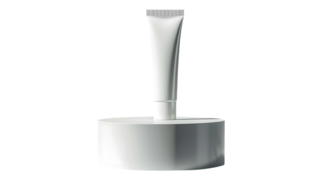 White tube mockup for cosmetic product presentation on pedestal in studio lighting setup for promotion on transparent background
