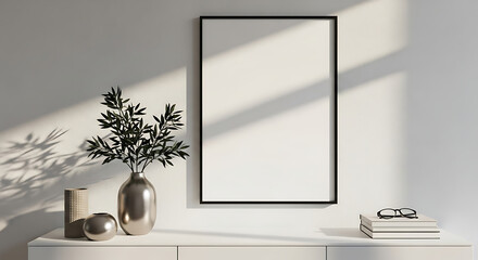 Modern interior with vertical blank frame and plant on a console table