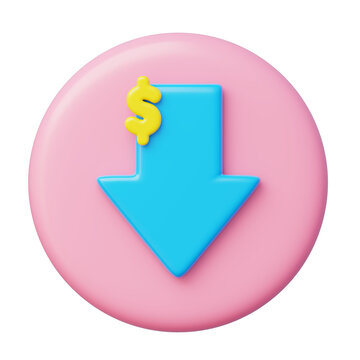 Pink 3d button features a blue arrow pointing down adorned with a yellow dollar sign