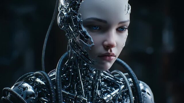 AI Cyborg Girl with Metallic Skeleton - Close-up of a female AI cyborg's face and upper body, revealing a metallic endoskeleton intertwined with cables. Her expression is serious and thoughtful.
