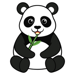 Cute Panda Eating Bamboo Vector – Flat Cartoon Style Bold Lines