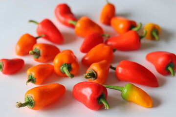 Mini bell peppers presented on a white surface, featuring vibrant red, orange, and yellow pods with green stems