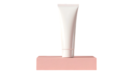 Product mockup of a cosmetic tube for skin care or cream on a light pink platform for advertising use on transparent background