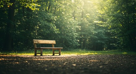 Serene wooden bench bathed in sunlight within a tranquil, leafy forest.