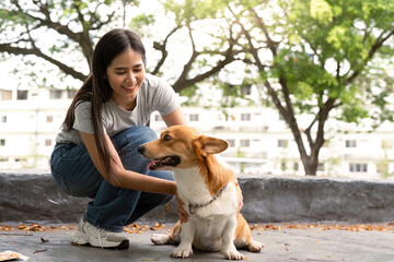 Joyful woman playing with corgi dog in park