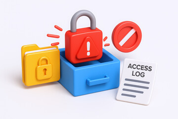 Colorful 3D illustration featuring a secure lock, access log, and warning signs representing digital security.