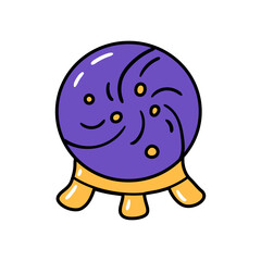 Magic purple crystal ball on a stand. Hand drawn vector illustration for fantasy book covers and tarot card designs.