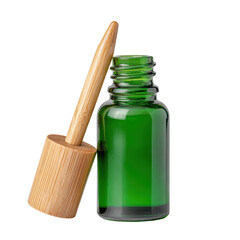 A green essential oil bottle featuring a wooden dropper, emphasizing a sustainable and organic aesthetic, isolated on transparent background