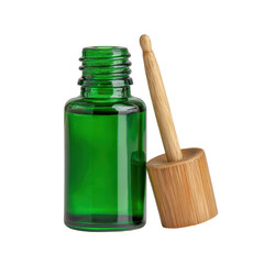 A green essential oil bottle featuring a wooden dropper, emphasizing a sustainable and organic aesthetic, isolated on transparent background